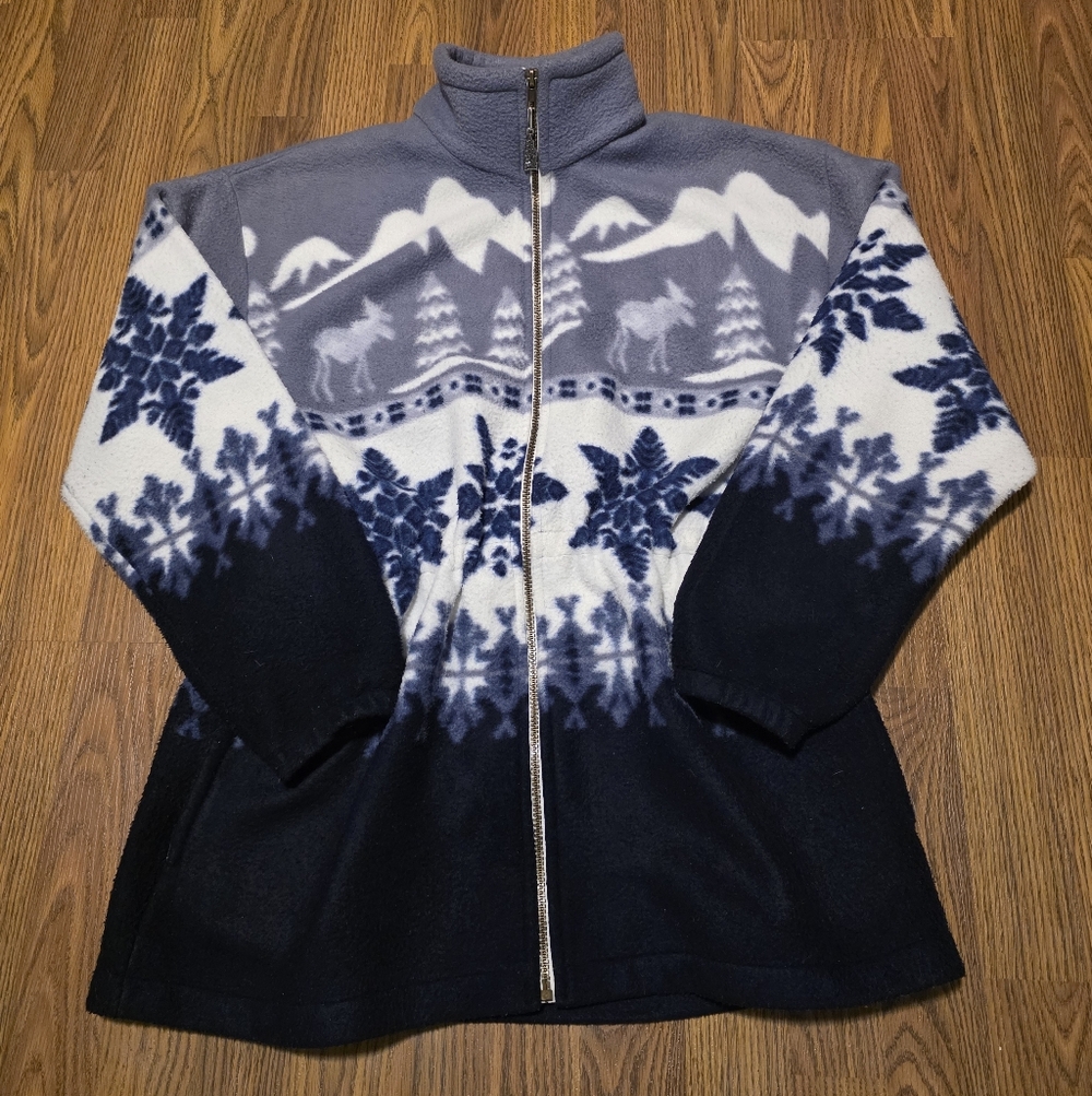 R&R SPORT Vintage 90s Fleece Jacket Winter Scene Moose Mountain Canada Medium